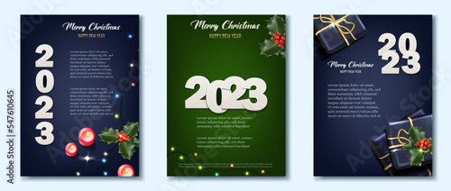 Happy New Year 2023. Merry Christmas. Template for greeting card  banner  flyer. 2023 in white on dark background with Christmas lights  decorations and presents.