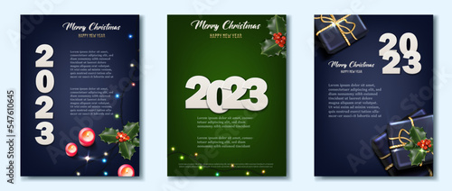 Happy New Year 2023. Merry Christmas. Template for greeting card, banner, flyer. 2023 in white on dark background with Christmas lights, decorations and presents.