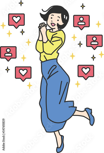 SNSでいいねやフォローを獲得して、ジャンプして喜ぶ女性のシンプルイラスト