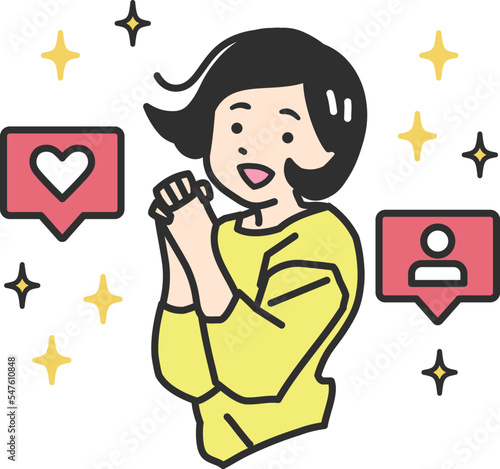 SNSでいいねやフォローを獲得して、ジャンプして喜ぶ女性のシンプルイラスト