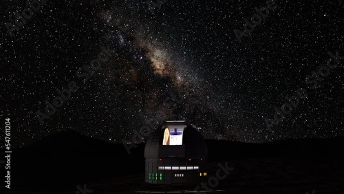 Observatory astronomical under the night sky stars. Blue sky with hundreds of stars of the Milky way. 3d rendering