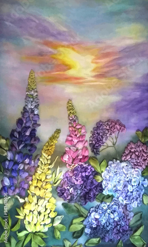 Morning in the garden Silk ribbon embroidery on a hand painted background. Artwork with lupine and sunrise for design