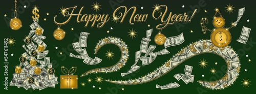 Poster holiday design with cash money Christmas tree made of 100 dollar banknotes, coins Happy snowman surfing on waves of money Flying, falling dollars bills, shiny stars, sparks on green background