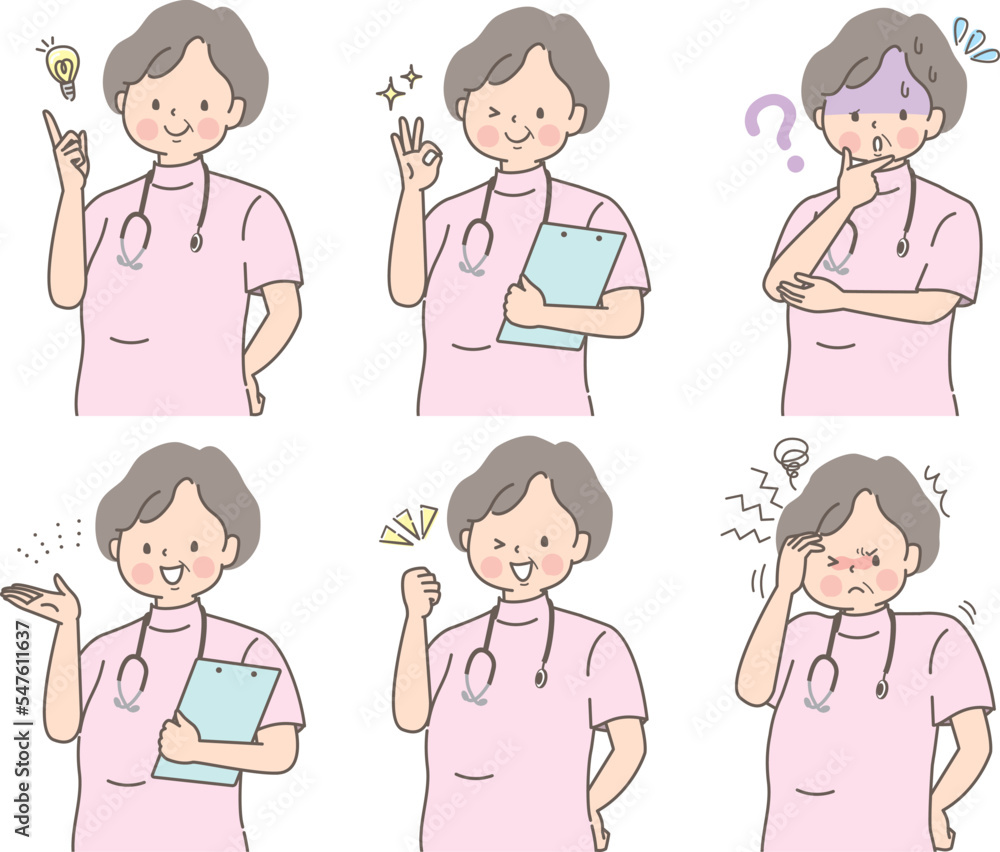 ふくよかな女性看護師の表情イラストセット