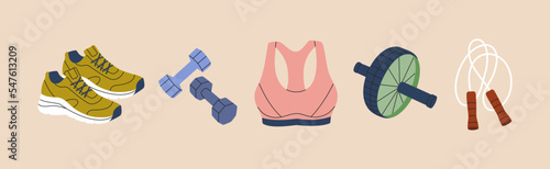 Fitness inventory and accessories. Snickers, sportswear, dumbbells, ab roller, jump rope. Healthy lifestyle. Hand drawn vector illustration isolated on background. Modern flat style