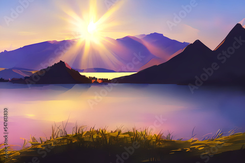 Landscape with sea, mountains and trees, beautiful dawn. Fantasy world. Idyllic tranquil morning