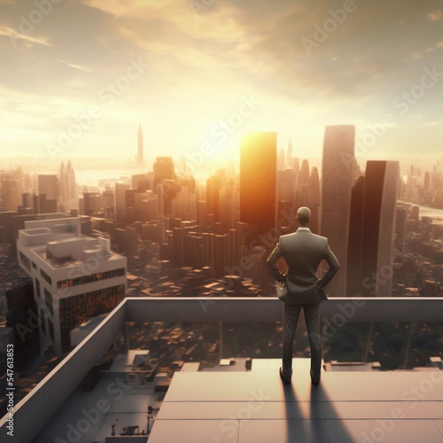 Illustration about businessman with cityscape. Made by AI. Ultra high resolution. © SCHRÖDER