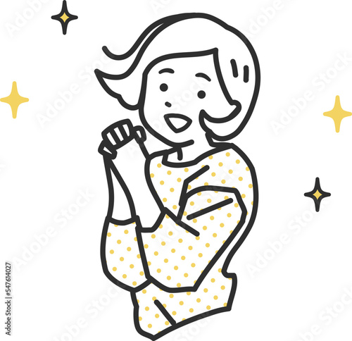 キラキラを飛ばしながらジャンプして喜ぶシンプルタッチの女性イラスト