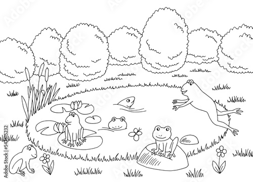 Funny frog pond graphic black white landscape sketch illustration vector