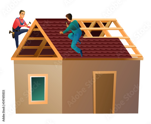 Tiling roofing material. Workers work on roof. Small house and two workers. Service illustration Isolated on white background. Vector.