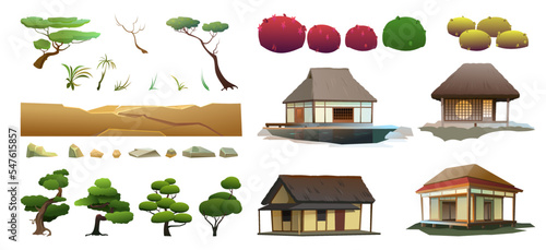 Set of Traditional Japanese houses with trees, flowers and stones. Rural dwelling with thatched roof. illustration vector. © WebPAINTER-Std