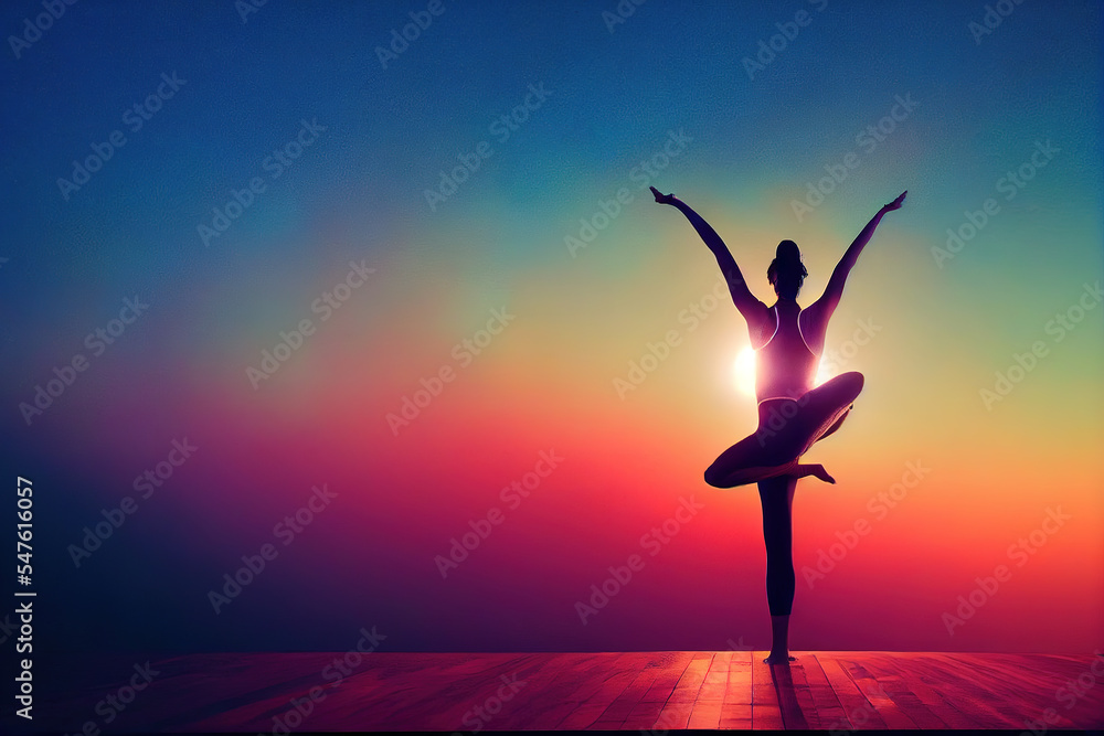 Woman in yoga pose meditation uses aspects of music to improve health and well being. can help you to relax the mind and body.. generative ai