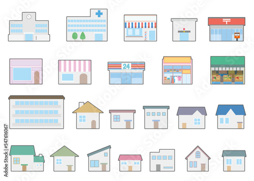 店と家のセットイラスト
