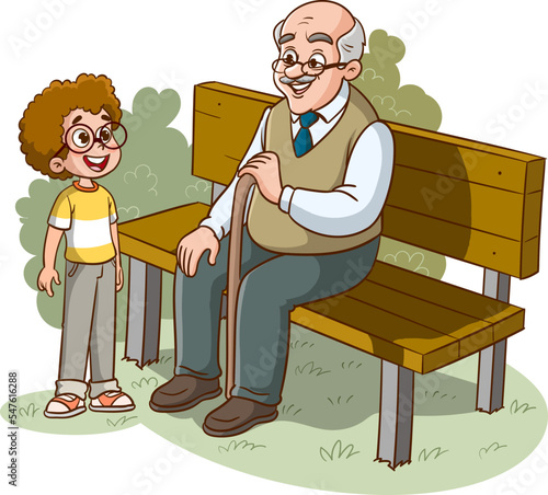 grandfather sitting on bench and grandchild cartoon vector