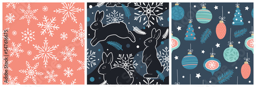 A set of seamless patterns of rabbits, snowflakes, Christmas decorations, stars, and fir branches. Modern flat illustration in trendy colors.