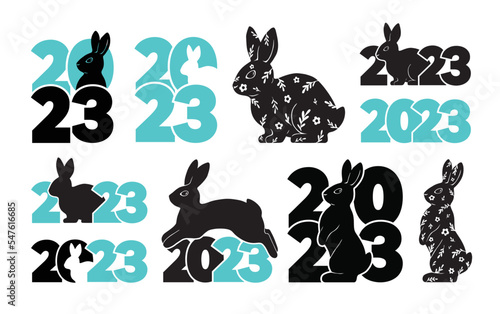 Big set of 2023 logo designs with rabbit. Vector illustration isolated on white background.
