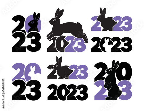 An extensive set of 2023 logos with rabbits. Flat illustration isolated on white background.