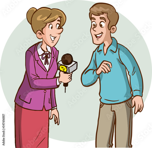 journalist woman doing street interview with people