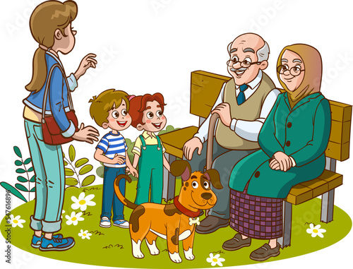 grandparent sitting on bench and grandchild cartoon vector 