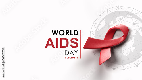 3d red ribbon on world map background with text, campaign for World AIDS Day on 1 December, 3d rendering photo