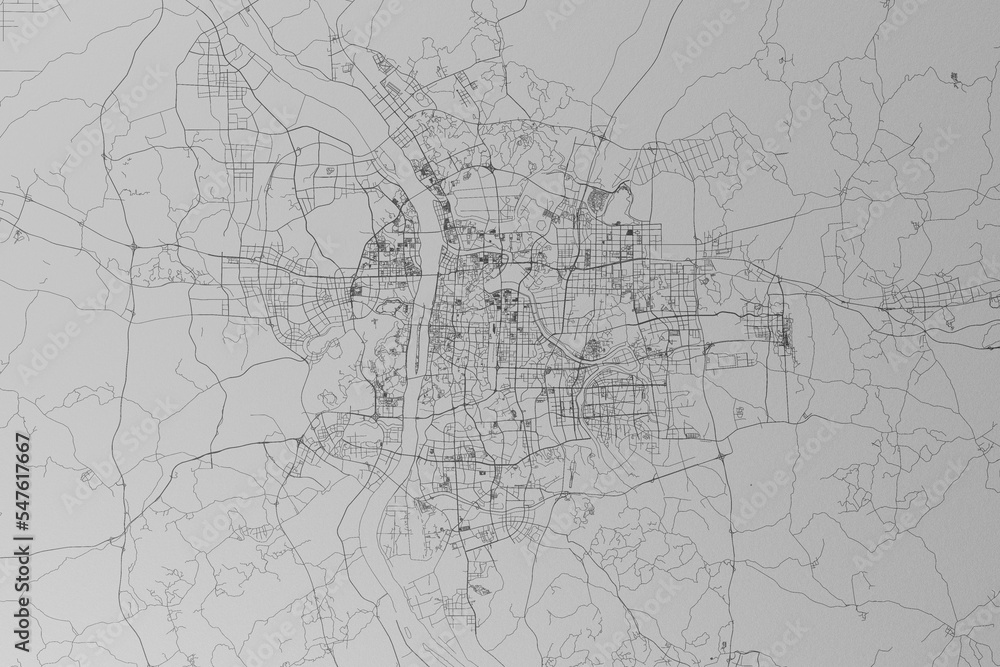 Map of the streets of Changsha (China) made with black lines on grey paper. Top view. 3d render, illustration Map of the streets of Changsha (China) made with black lines on grey paper. Top view. 3d render, illustration