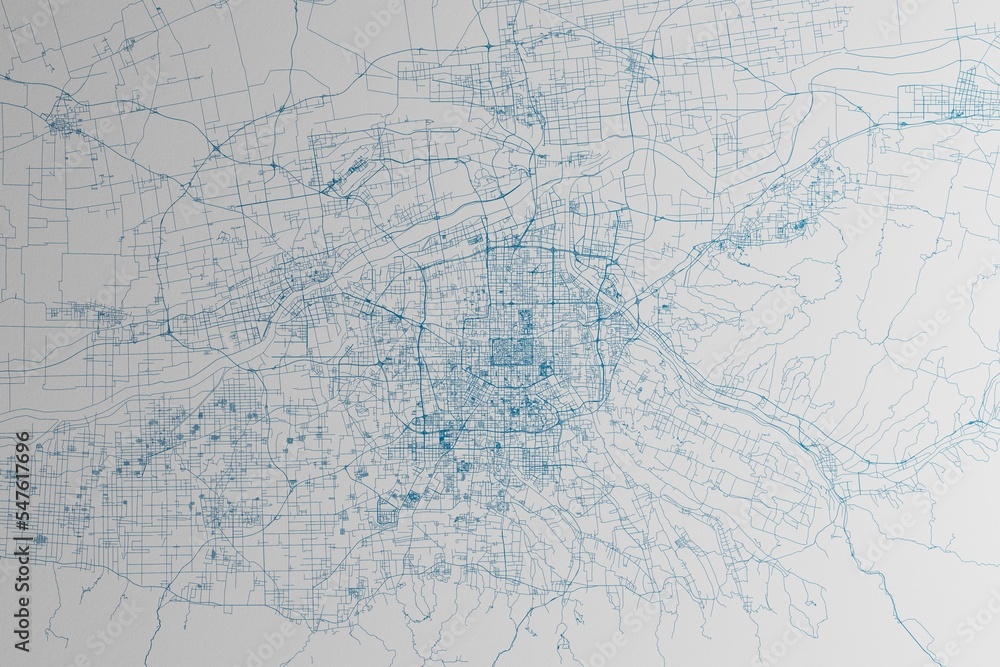 Map of the streets of Xian (China) made with blue lines on white paper. 3d render, illustration