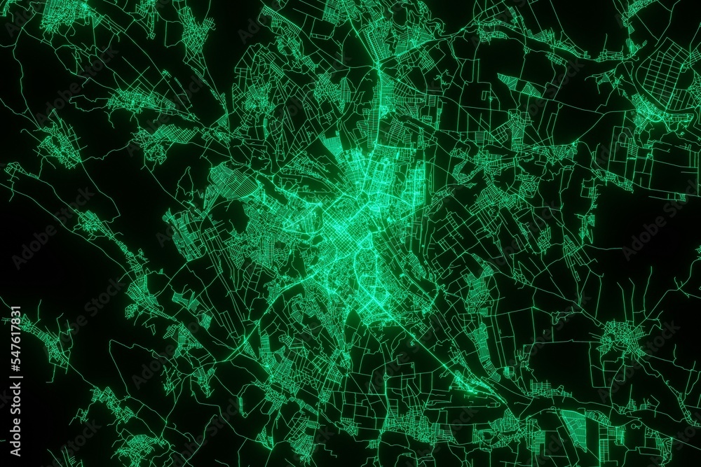 Map of the streets of Chisinau (Moldova) made with green illumination and glow effect. Top view on roads network. 3d render, illustration