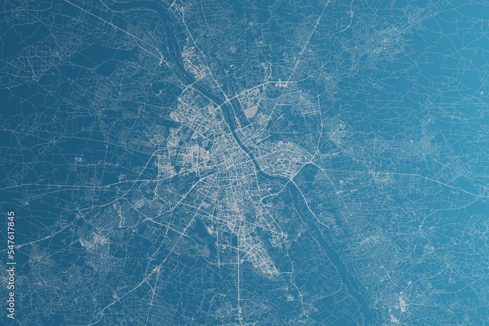 Map of the streets of Warsaw (Poland) made with white lines on blue paper. Rough background. 3d render, illustration - obrazy, fototapety, plakaty 