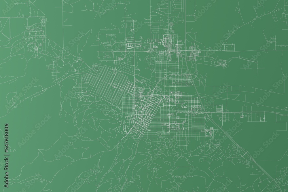 Stylized map of the streets of Helena (Montana, USA) made with white lines on green background. Top view. 3d render, illustration