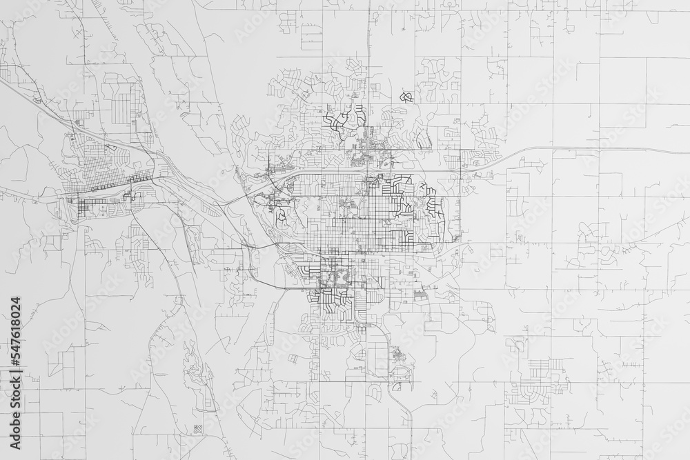 Map of the streets of Bismarck (North Dakota, USA) on white background. 3d render, illustration