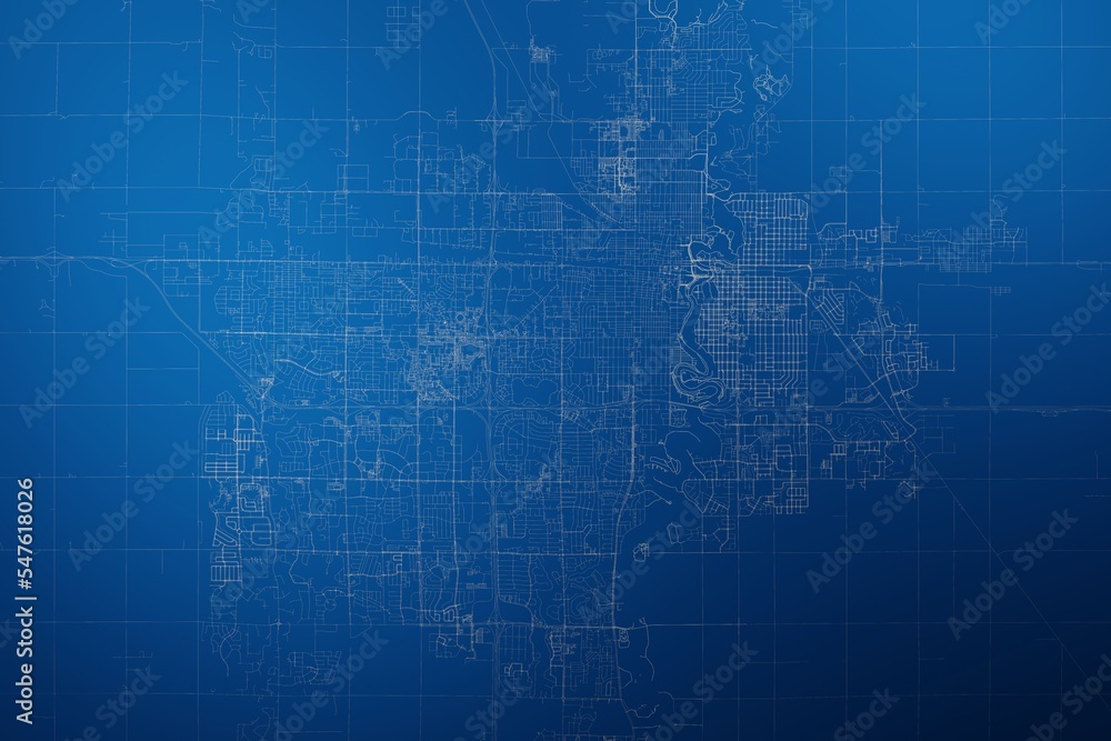 Stylized map of the streets of Fargo (North Dakota, USA) made with white lines on abstract blue background lit by two lights. Top view. 3d render, illustration Stylized map of the streets of Fargo (North Dakota, USA) made with white lines on abstract blue background lit by two lights. Top view. 3d render, illustration