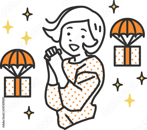 プレゼントが手に入ってジャンプして喜ぶ女性のシンプルタッチのイラスト