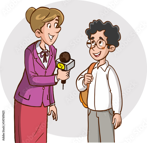 journalist woman doing street interview with students and children