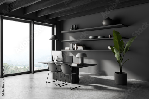 Grey business interior with desk and pc computer, shelf with panoramic window