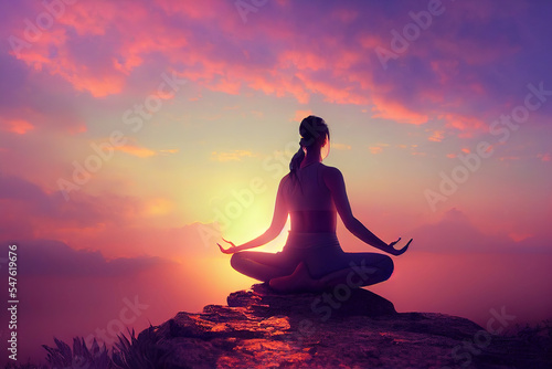 Woman in yoga pose meditation uses aspects of music to improve health and well being. can help you to relax the mind and body.. generative ai 