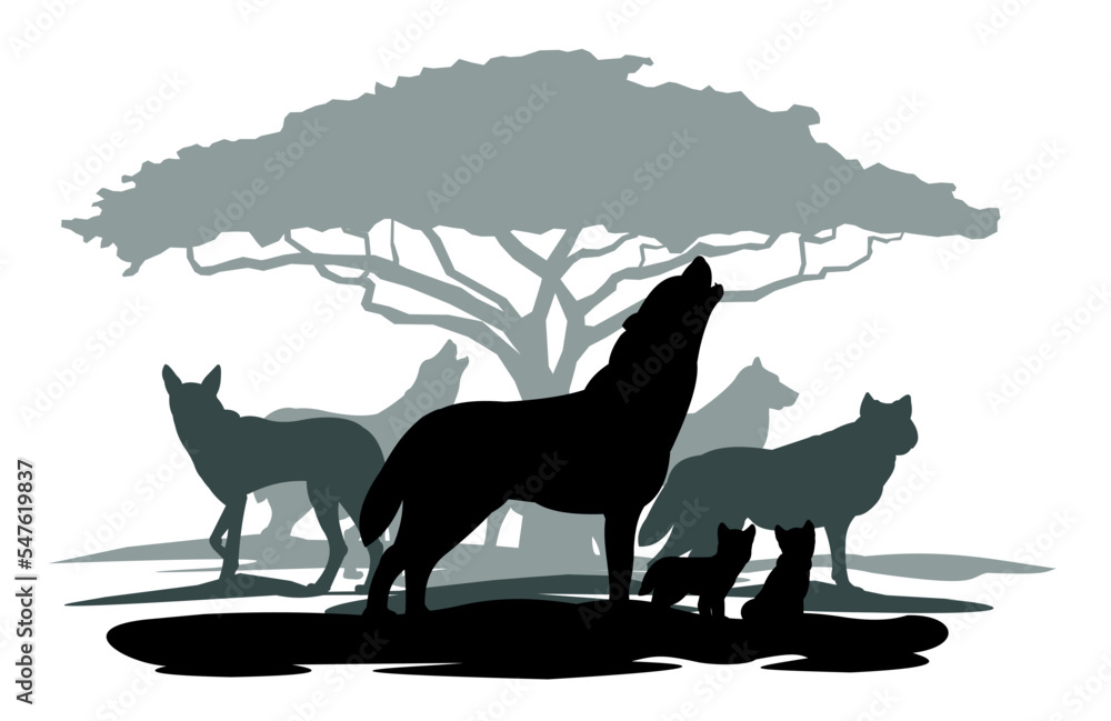 custom made wallpaper toronto digitalWolf howls. Cubs and wolf pack near tree. Silhouette picture. Wild animal in nature. Predator in natural conditions. Isolated on white background. Vector.