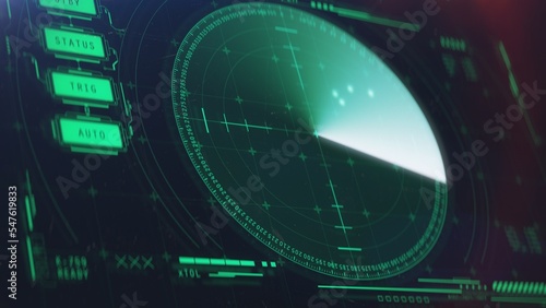 Military ship or aircraft radar showing scan results, multiple targets detected. Radar screen showing scan results