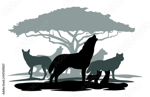 Wolf howls. Cubs and wolf pack near tree. Silhouette picture. Wild animal in nature. Predator in natural conditions. Isolated on white background. Vector.