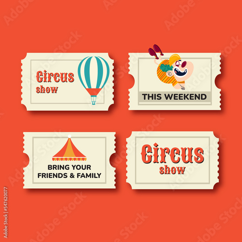 Set of tickets designs for a Circus show entry   etc with illustrate background 