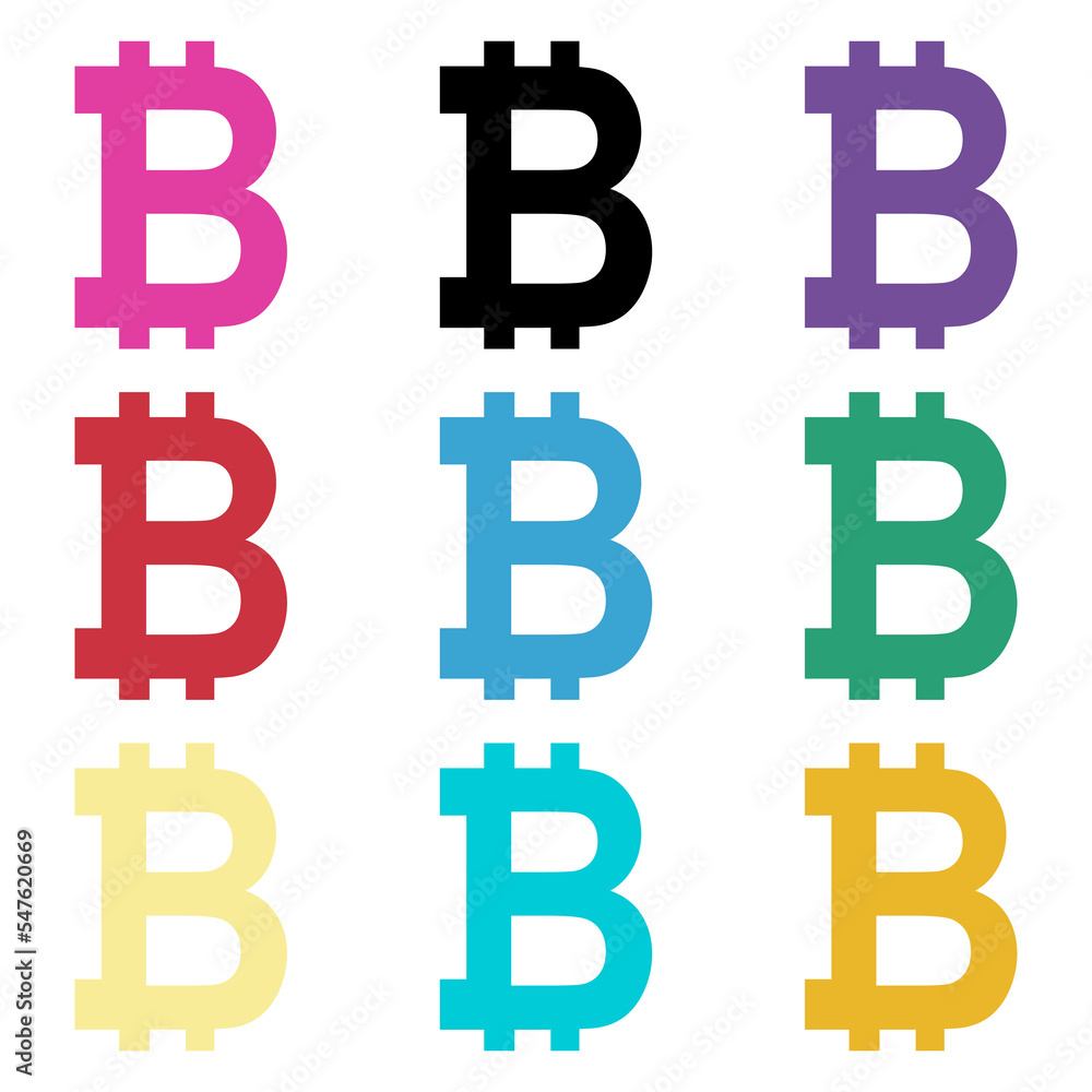 Set of Bitcoin web coin, internet electronic crypto design symbol, digital pay vector illustration
