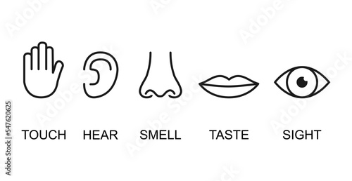 Outline icon set of five human senses: vision eye smell nose hearing ear touch hand taste mouth with tongue