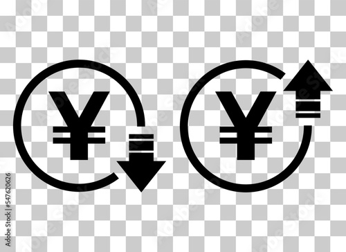 Set of cost symbol yuan increase and decrease icon. Money vector symbol isolated on background