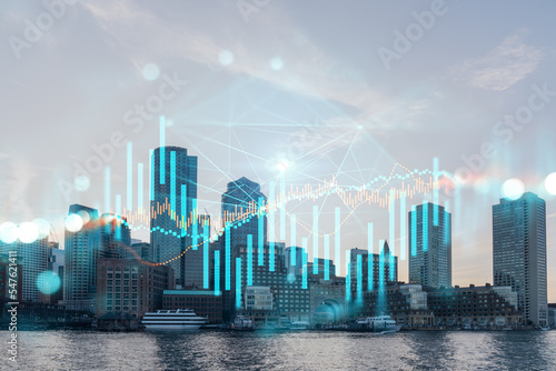 Skyscrapers Cityscape Downtown View, Boston Skyline Buildings. Beautiful Real Estate. Day time. Forex Financial graph and chart hologram. Business education concept. © VideoFlow