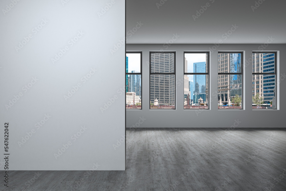 Downtown Chicago City Skyline Buildings Window background. Mockup empty copy space wall. Office room Interior Skyscrapers, River walk, bridge, waterfront view. Cityscape. Day. Ad concept. 3d rendering - obrazy, fototapety, plakaty 