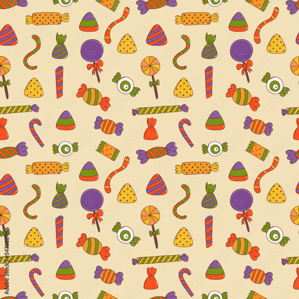 Colorful halloween sweets seamless pattern. Halloween elements. Trick or treat concept.