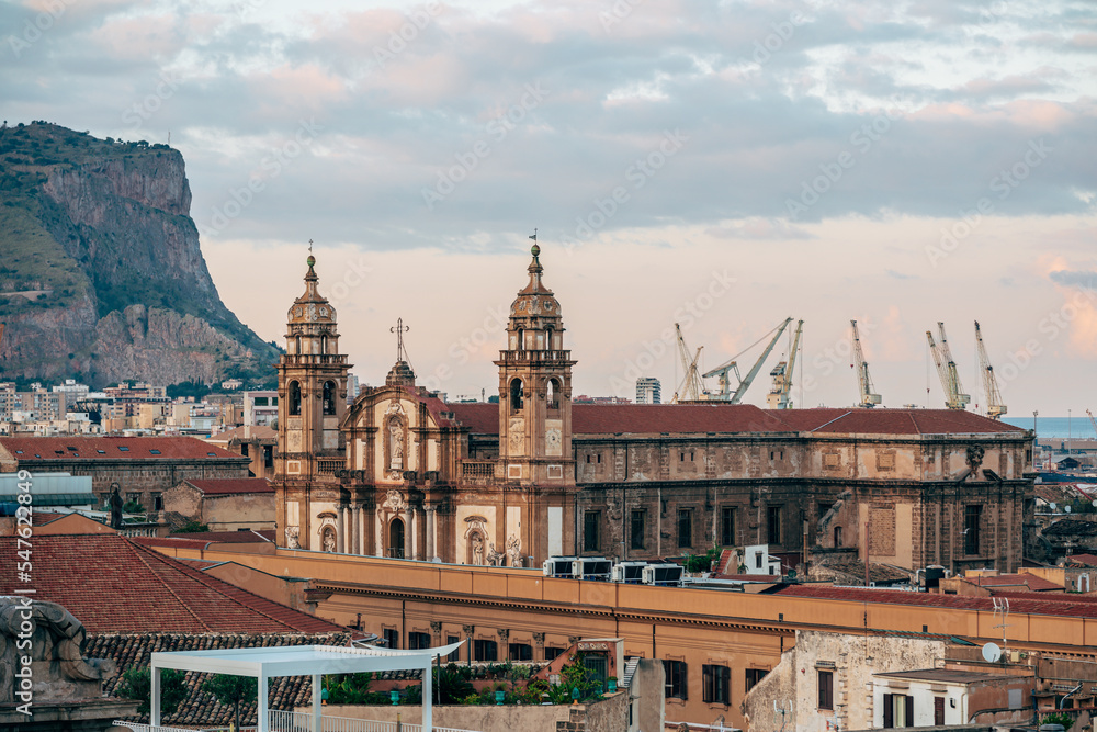 View of Palermo buildings at sunset. Chiesa San Domenico baroque building in the historical city centre