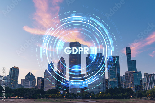 Chicago skyline from Butler Field to financial district skyscrapers at sunset, Illinois, USA. Parks and gardens. GDPR hologram, concept of data protection regulation and privacy for individuals