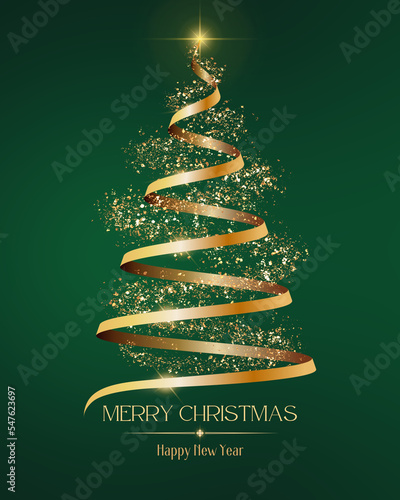 Golden Christmas Tree ribbon with confetti and sparkle light for events with green background. This suitable poster, background, card or social media post, etc. For celebrate shristmas