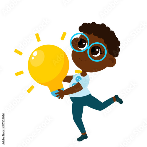 Kid Inventors Day. The boy runs with a huge yellow light bulb in his hands as a symbol of inventions and research, inventing something new. Cartoon character isolated on white background.