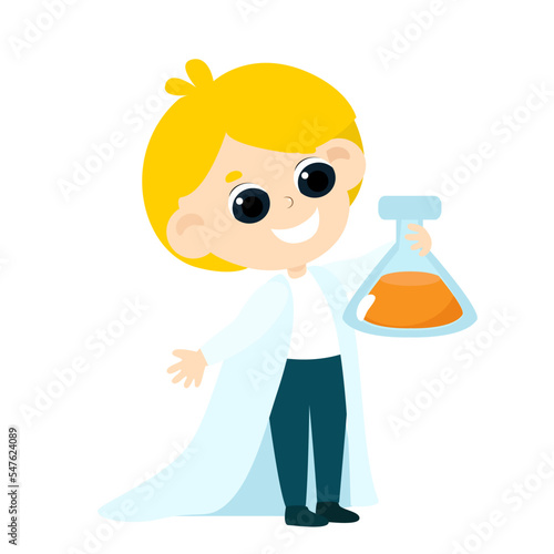 Kid Inventors Day. A boy in a researcher's coat holds a test tube or flask with liquid in his hands. Cartoon illustration isolated on white background.